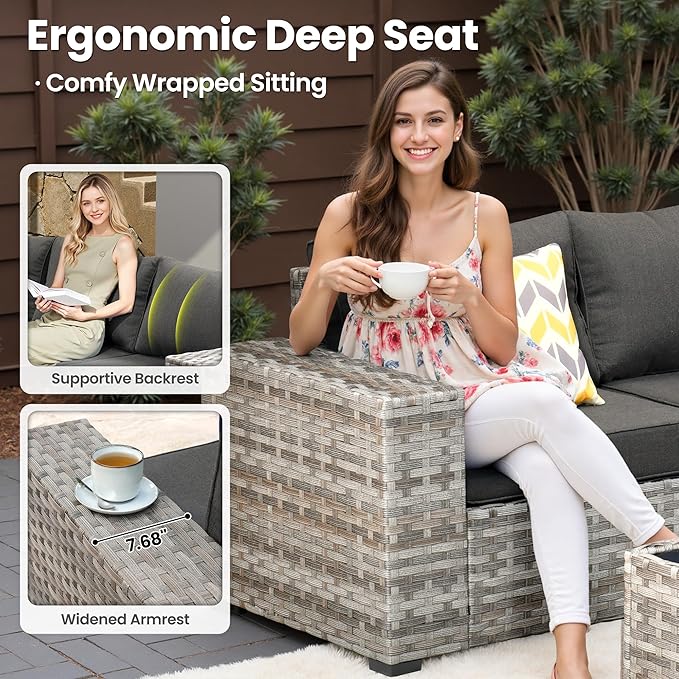 ovios 6 Pieces Patio Furniture Set, Outdoor Wicker Sectional Sofa with Glass Table Comfy Cushions, Modern Modular Deep Seat Couch Rattan Conversation Set, Black