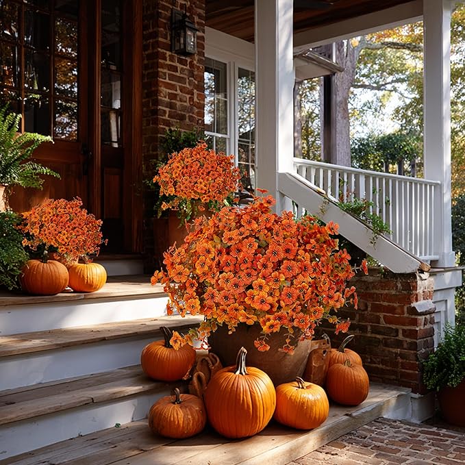 Artificial Fall Flowers Outdoor Fake Mums - 16 Bundles Fake Plants UV Resistant No Fade Faux Plastic Greenery Garden Porch Patio Fall Home Decor (Orangegreen)