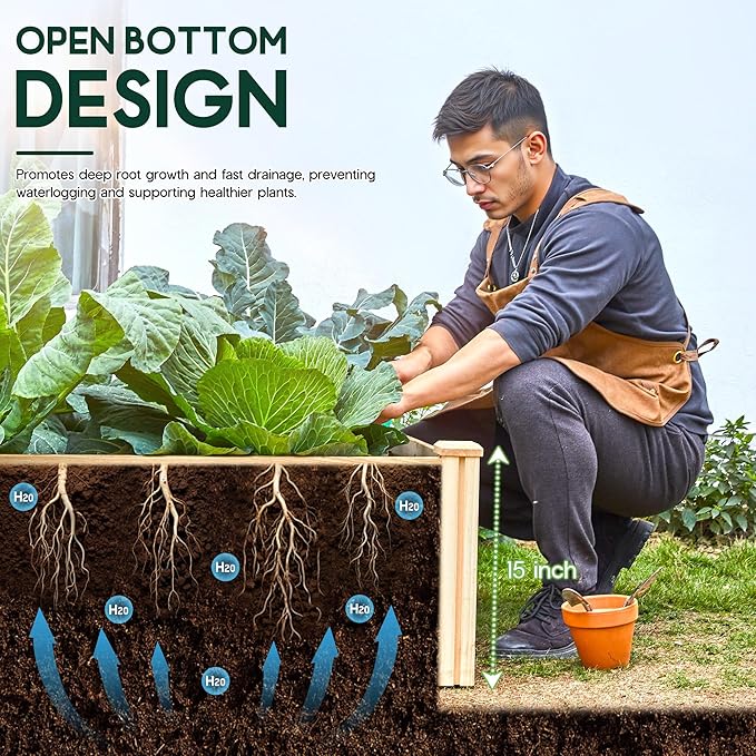 AMERLIFE 8x4 Ft Wood Raised Garden Bed, Durable 15 Inch Depth Planter Box for Vegetables, Herbs, and Flowers, Ideal for Outdoor Gardening with Open Base