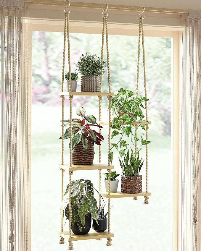 Window Plant Shelves Macrame Plant Hanger Floating Shelves Window Sill Shelf for Plants Hanging Plant Stand Indoor Window Plant Holder Boho Decor Living Room Bedroom Wall Decor