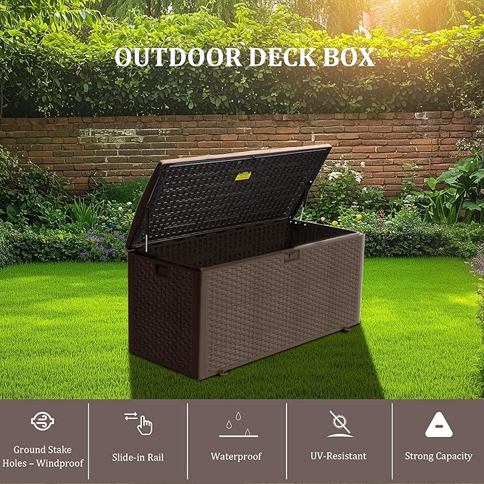 TARKARI Premium Pro Edition 180 Gallon Lockable Resin Deck Box, Waterproof & UV-Resistant Outdoor Storage Box for Outdoor Cushion Storage, Garden Tools & Pool Accessories Storage, Brown