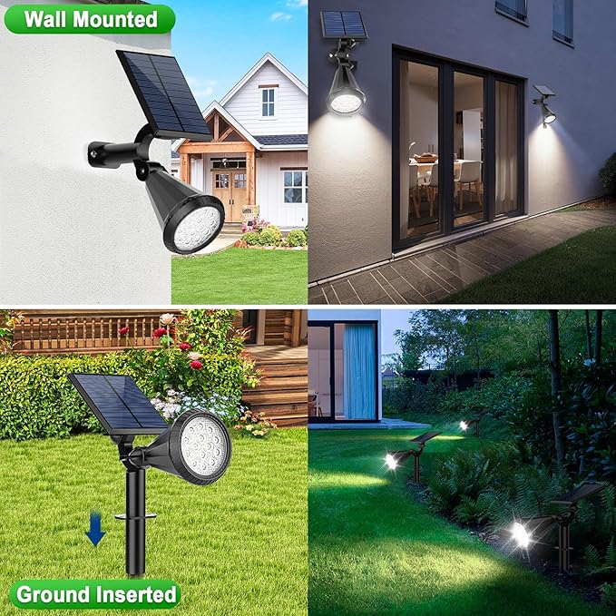 Solar Spot Lights Outdoor Waterproof 180° Adjustable Solar Powered Landscape Lights for Yard 4 Lighting Modes Solar Spotlights for Pathway Garden Outside Wall Pool Porch (2 Pack, Cool White)