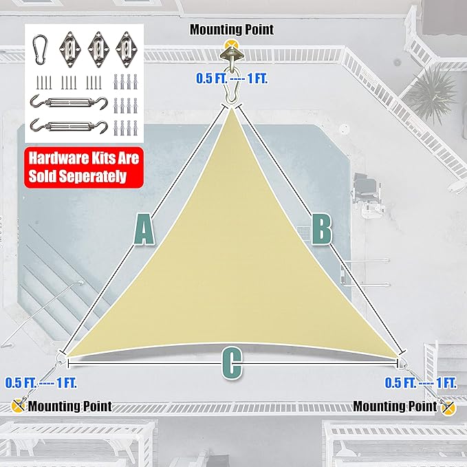 Amgo Custom Size 23' x 23' x 23' Beige Triangle Sun Shade Sail UPF50+ AGTAPRT12, Order to Make Canopy Awning, 95% UV Blockage, Water & Air Permeable, Commercial Standard (We Customize)