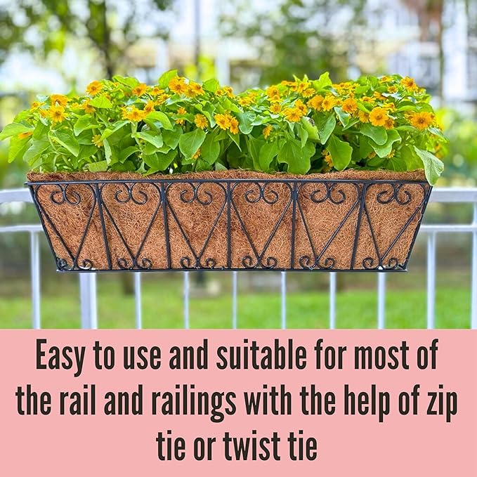 LaLaGreen Large Rail Planters - 2 Pack, 24 Inch Wall Hanging Basket with Coco Liner Deck Railing Hanging Window Flower Box Outdoor Black Metal Trough Plant Holder Fence Balcony Patio Porch Garden