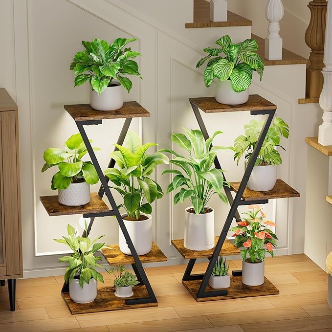 Plant Stand Indoor with Grow Lights - 2 Pack Corner Plant Shelf Indoor, 32" Tall Lighted Plant Stand for Indoor Plants, 6 Tiered Z-Shape Flower Stands Display Holder for Living Room, Decor, Black