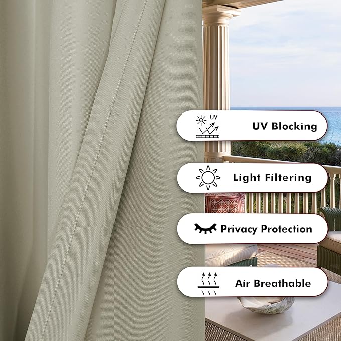 BONZER Outdoor Curtains for Patio Waterproof Thick Privacy Wide Grommet Light Filtering Outside Curtains for Porch Pergola Gazebo Deck, 1 Panel, 110W x 84L inch, Taupe