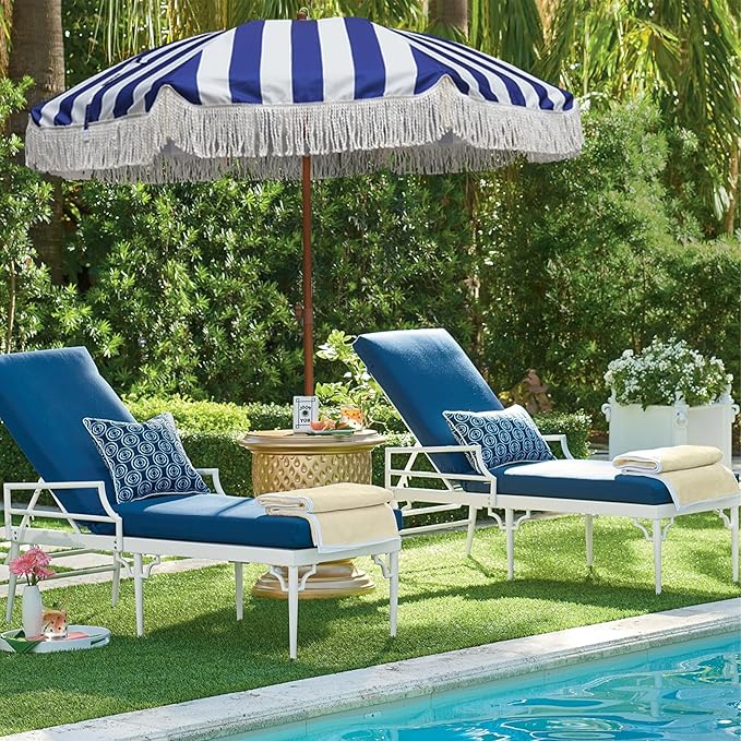 AMMSUN 7ft Patio Umbrella with Fringe Outdoor Tassel Umbrella UPF50+ Wood Color Steel Pole and Steel Ribs Push Button Tilt, Navy Stripe