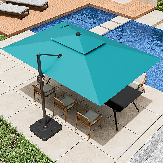 9x12FT Cantilever Patio Umbrella - Heavy Duty Double Layer Offset Design with 360° Rotation, Large Rectangle Umbrella for Garden, Deck, Pool, Backyard, Turquoise