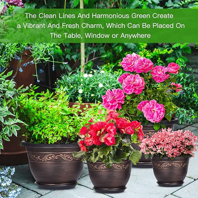 Plastic-Plant-Flower-Planters-12 Inch with Drainage Hole & Saucer, 3 Packs Lightweight Small Resin Flower Pot Indoor Outdoor, Retro Antique Imitation Decorative Garden Containers Sets for Houseplants