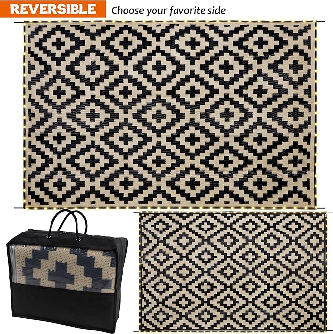SAND MINE Reversible Mats with Led Strip Lights, Plastic Straw Rug, Modern Area Rug, Large Floor Mat for Outdoors, Patio, Backyard, Deck, Picnic, Camping, Black & Beige, 6' x 9'