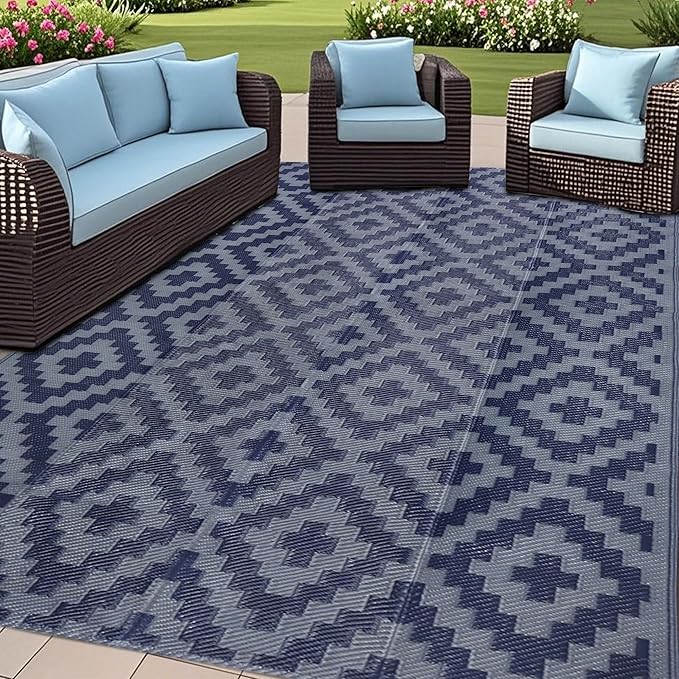 SAND MINE Reversible Mats, Plastic Straw Rug, Modern Area Rug, Large Floor Mat and Rug for Outdoors, RV, Patio, Backyard, Deck, Picnic, Beach, Trailer, Camping (5' x 8', Blue Grey Lattice)