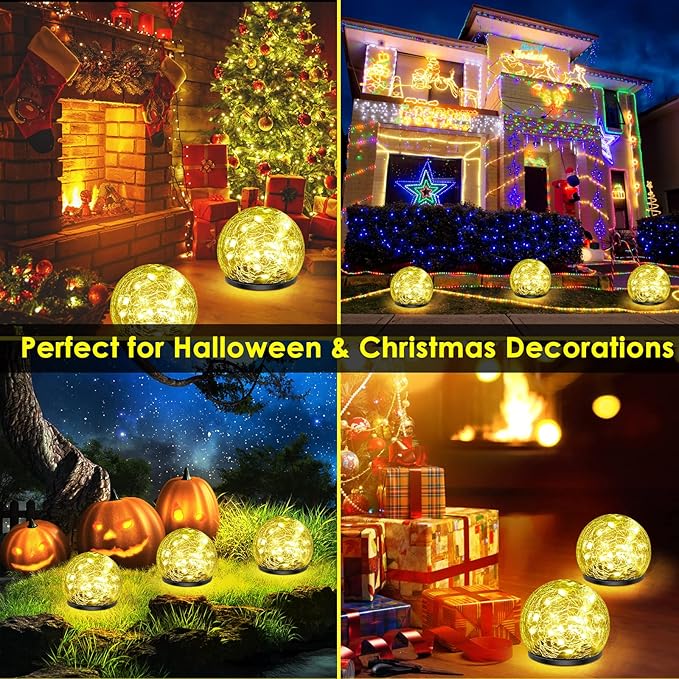 Solar Garden Lights, 2 Pack 60 LED Cracked Glass Solar Globe Lights Outdoor Decoration, Upgraded Waterproof Warm White LED Lights for Yard Pathway Patio Lawn Christmas Outside Decor, 4.73"