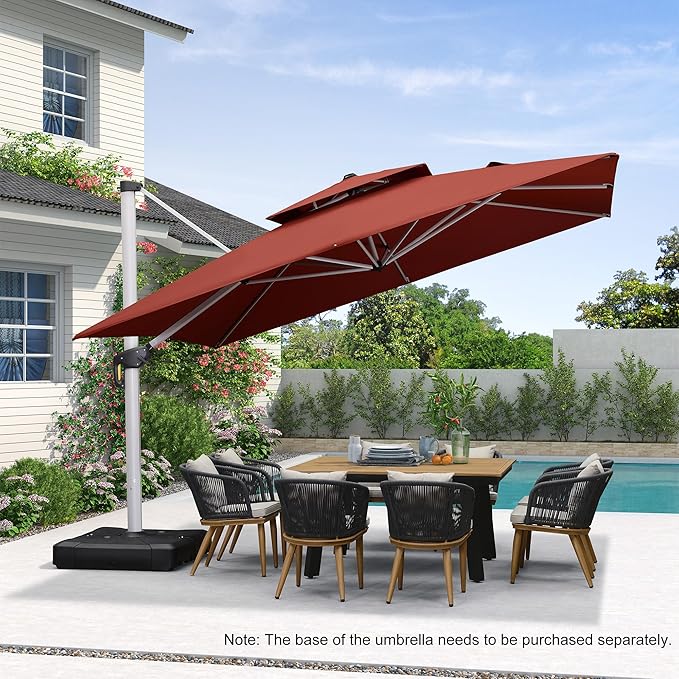 PURPLE LEAF 12 Feet Double Top Deluxe Square Patio Umbrella Offset Hanging Umbrella Cantilever Outdoor Market Garden Umbrella, Brick Red
