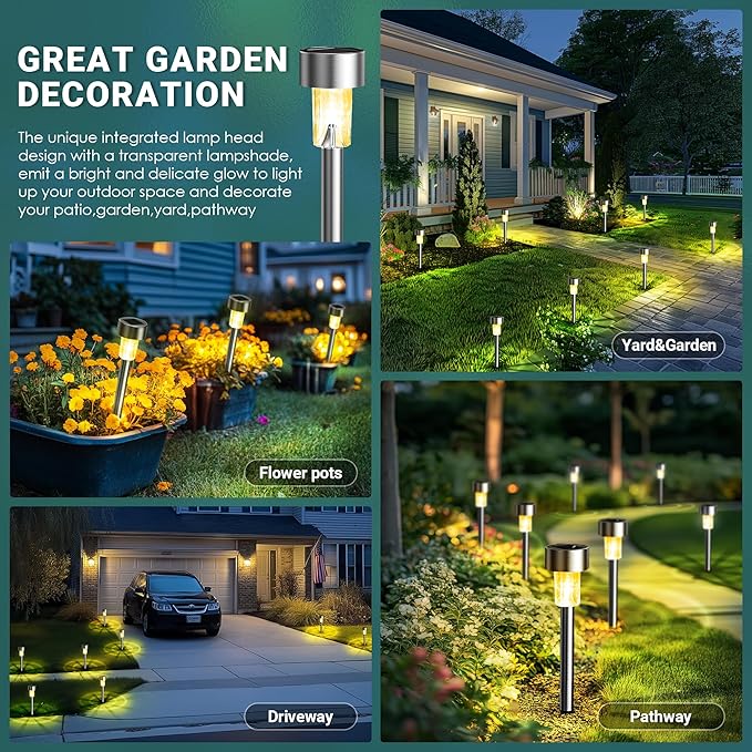 GIGALUMI Solar Lights Outdoor Waterproof, 12 Pack, Stainless Steel LED Solar Garden Lights for Patio, Lawn, Yard and Landscape, Garden Decor Patio Decor,Warm White