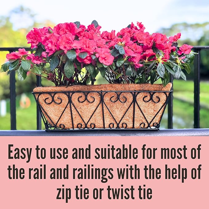 LaLaGreen Wall Planters - 2 Pack, 16 Inch Window Flower Boxes Outdoor, Deck Railing Hanging Metal Wire Basket Black with Coco Liners Horse Troughs Fence Balcony Garden Farmhouse Patio Porch Over Rail