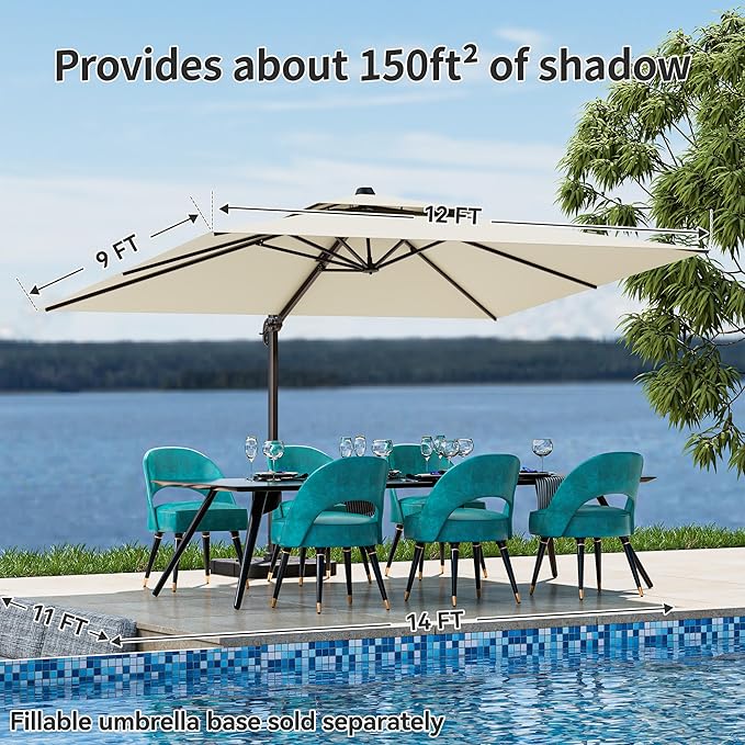9x12FT Cantilever Patio Umbrella - Heavy Duty Double Layer Offset Design with 360° Rotation, Large Rectangle Sun Shade Umbrella for Garden, Deck, Pool, Backyard, Beige