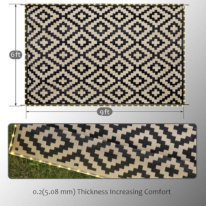SAND MINE Reversible Mats with Led Strip Lights, Plastic Straw Rug, Modern Area Rug, Large Floor Mat for Outdoors, Patio, Backyard, Deck, Picnic, Camping, Black & Beige, 6' x 9'