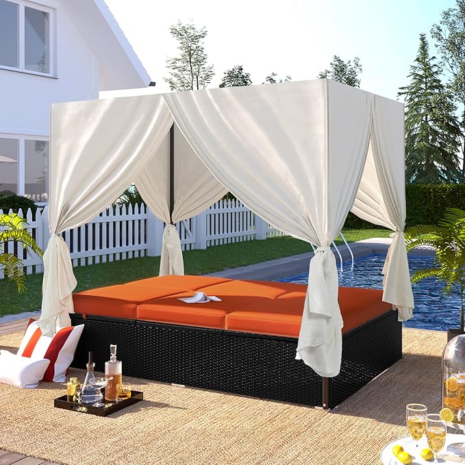 Patio Chaise Lounge, PE Rattan Outdoor Patio Wicker Sunbed Daybed with Adjustable Seats, Four-sided Canopy, Overhead Curtain and Orange Cushions for Backyard, Garden, Poolside (for 2-6 people)