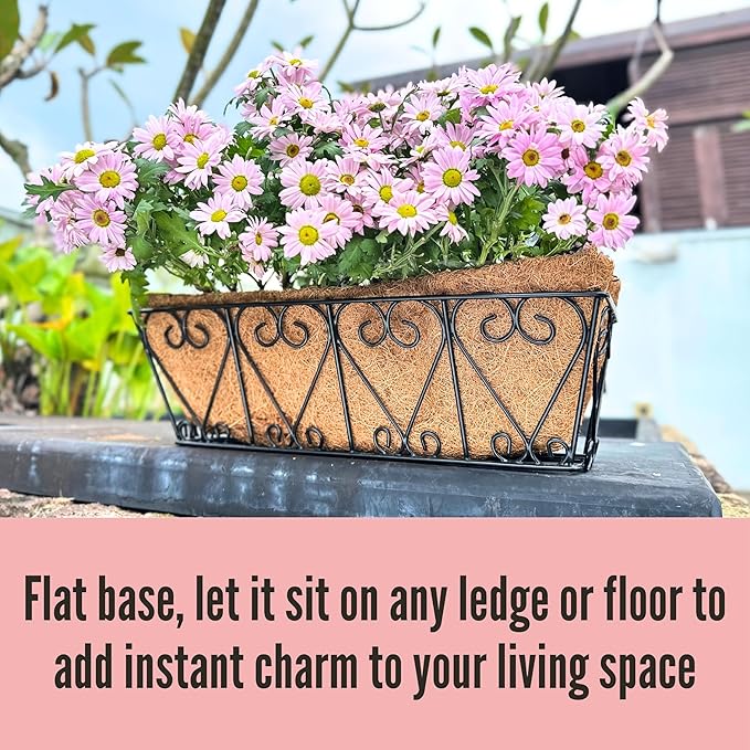 LaLaGreen Wall Planters - 2 Pack, 16 Inch Window Flower Boxes Outdoor, Deck Railing Hanging Metal Wire Basket Black with Coco Liners Horse Troughs Fence Balcony Garden Farmhouse Patio Porch Over Rail
