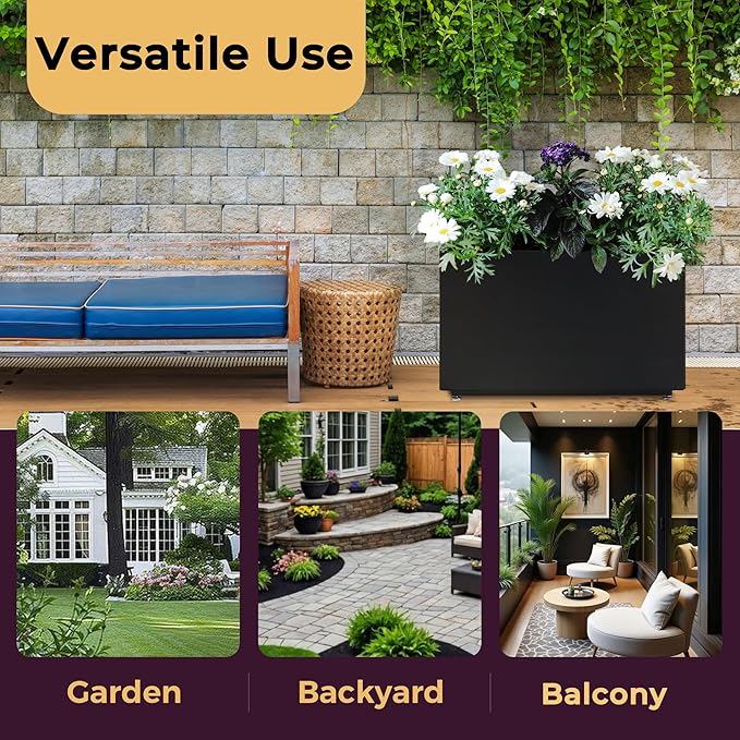 Outdoor Metal Planter Box 26Wx10Dx16H, Large Rectangular Trough Planters, Easy 5-Min Assembly, Modern Plant Container with Drainage Holes, Heavy Duty, Weather Resistant, Black