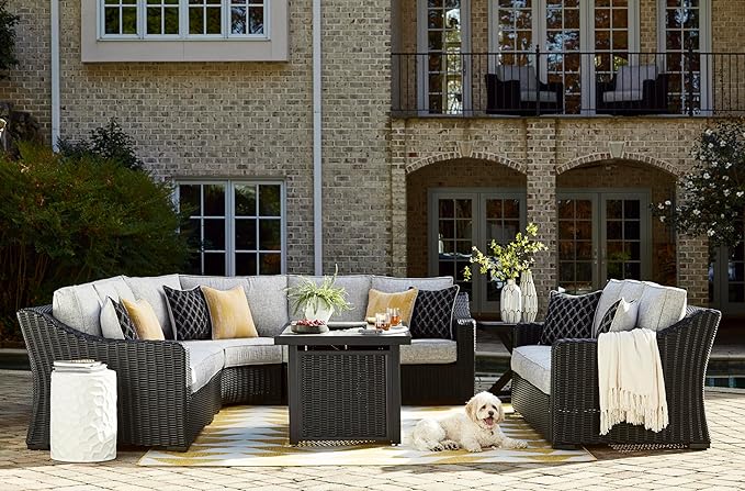 Signature Design by Ashley Beachcroft Casual Nuvella Weather Resistant Fabric Outdoor/Indoor Sofa with Cushion and 2 Toss Pillows, Black & Light Gray