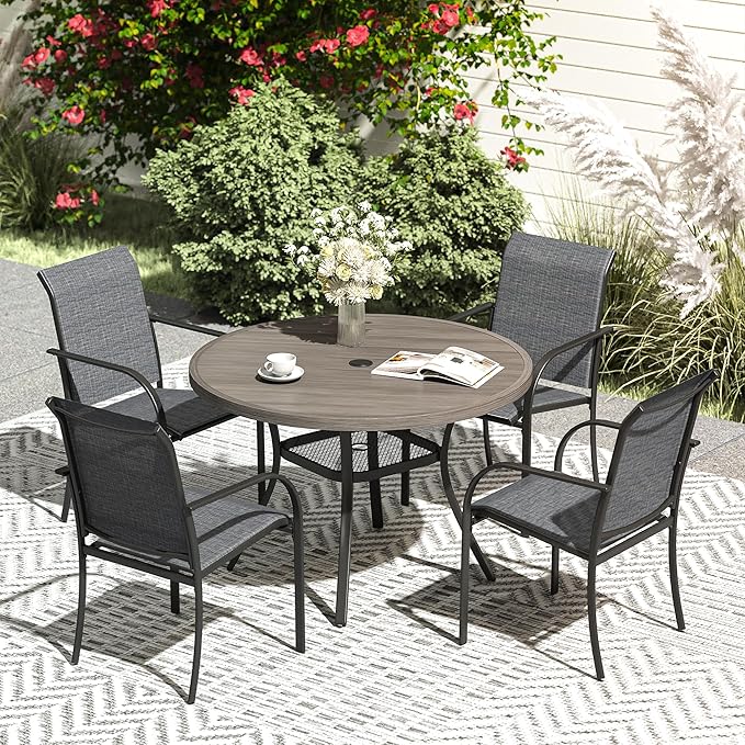 VICLLAX 5 Pieces Patio Dining Set, Outdoor Furniture Set Includes 41.2" Round Patio Table and 4 Patio Sling Chairs, Grey Wood-Like Tabletop and Dark Grey Fabric