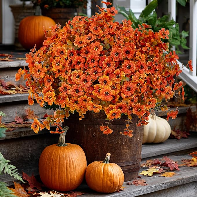 Artificial Fall Flowers Outdoor Fake Mums - 16 Bundles Fake Plants UV Resistant No Fade Faux Plastic Greenery Garden Porch Patio Fall Home Decor (Orangegreen)
