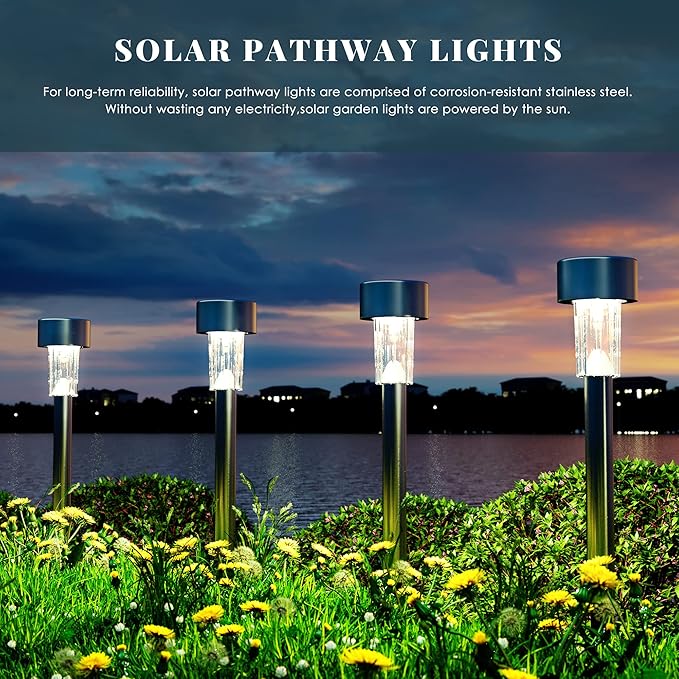 SOLPEX 12 Pack Solar Outdoor Lights Pathway, Stainless Steel Solar Lights Outdoor Waterproof,LED Landscape Lighting Solar Walkway Lights for Landscape/Patio/Lawn/Yard/Driveway-Cold White