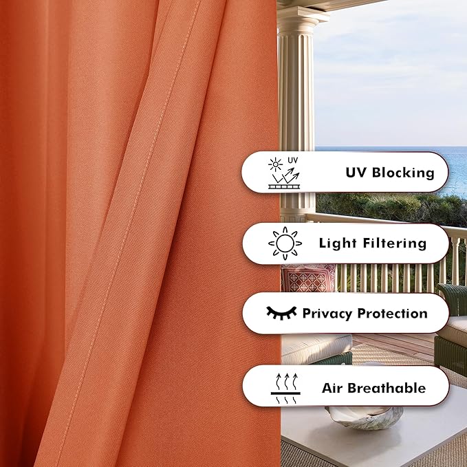 BONZER Waterproof Indoor/Outdoor Curtains for Patio Thick Privacy Wide Grommet Curtains for Bedroom, Living Room, Porch, Pergola, Cabana, 1 Panel, 110W x 95L inch, Mecca Orange