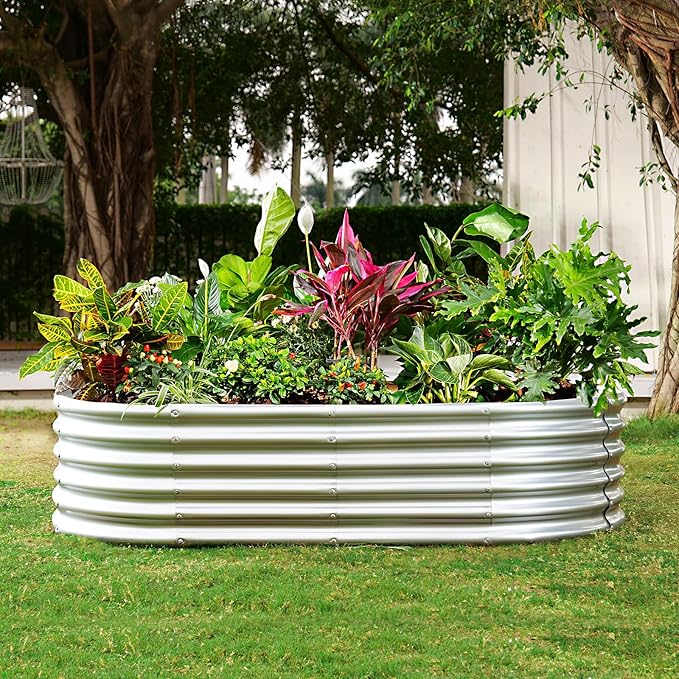 Land Guard 6x3x1.5ft Galvanized Raised Garden Bed Kit, Metal Planter Boxes Outdoor, Oval Metal Raised Garden Bed for Vegetables, Flowers (Silver)