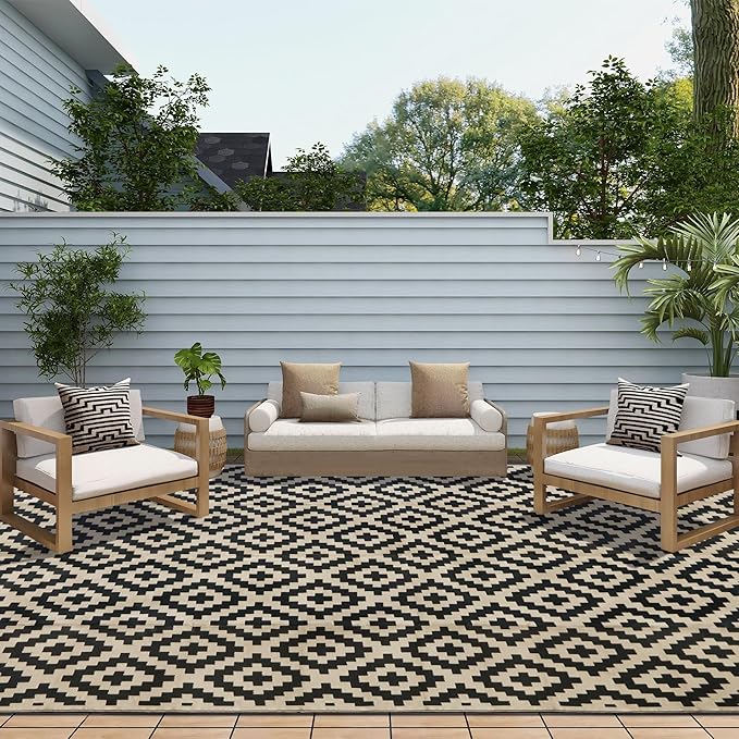 SAND MINE Waterproof Outdoor Rug 10x20 ft, Plastic Reversible Rug, Modern Area Rug, Large Floor Mat for Outdoors, RV, Patio, Backyard, Deck, Picnic, Beach, Camping, Black & Beige