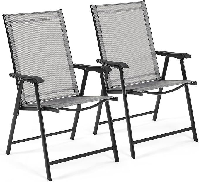 Yaheetech Patio Dining Chairs Set of 2 with Armrests, Outdoor Folding Chairs with Metal Frame and Backrest for Lawn, Garden, Yard and Poolside, Gray