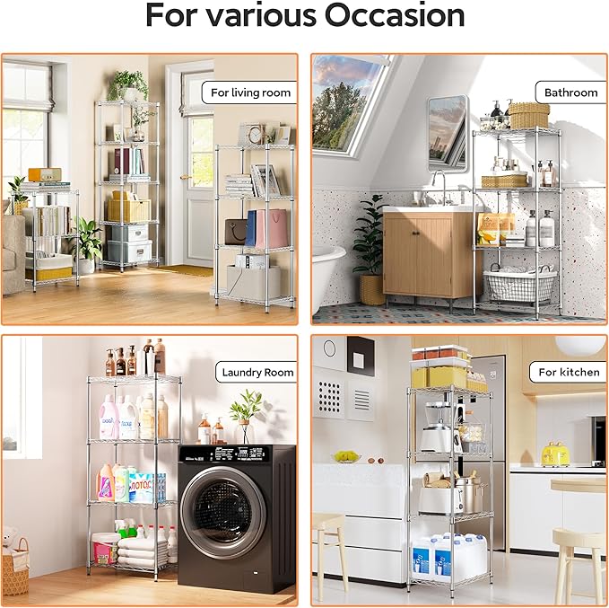 4 Tiers Shelf Metal Storage Shelves Wire Rack Closet Organizers with Wheel for Garage Kitchen Bathroom Laundry Chrome 11.8" D x 17.7" W x 41.9" H