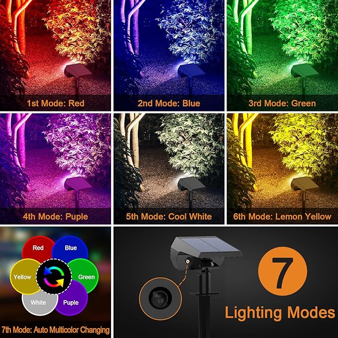 Solar Spot Lights Outdoor Color Changing,[7 Modes/2 Pack] Christmas IP65 Waterproof Landscape Spotlights, Dusk to Dawn Solar Powered Security Light for Patio Gate Walkway Pool Garden Yard Driveway