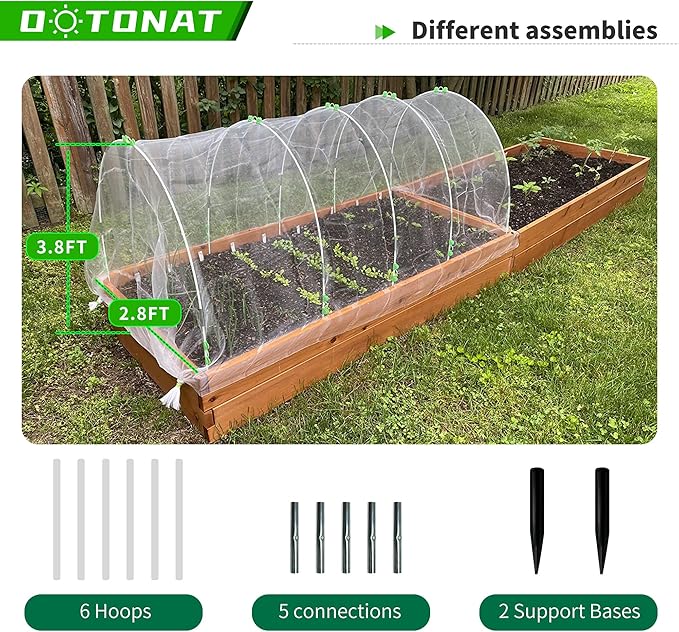 Garden Hoops for Raised Beds- Rust Free Fiberglass Frame Plant Hoops with Support Bases -Greenhouse Hoops Grow Tunnel , 72pcs，Vanilla