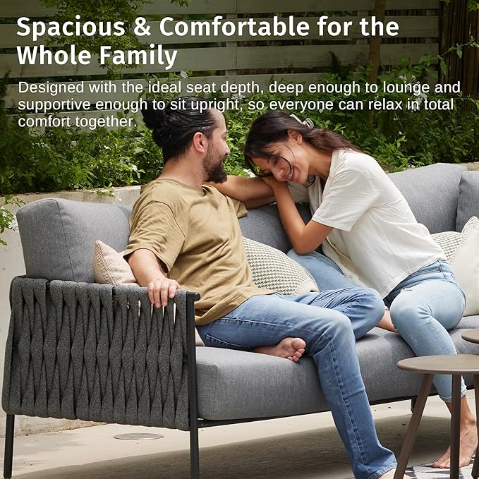 EAST OAK 5-Piece Patio Furniture Set | Life Chatter 5-Seat Outdoor Furniture | Deep Seating & Two Coffee Tables | Waterproof Extra-Thick Cushions | Porch, Balcony & Backyard | Earth Black & Misty Grey