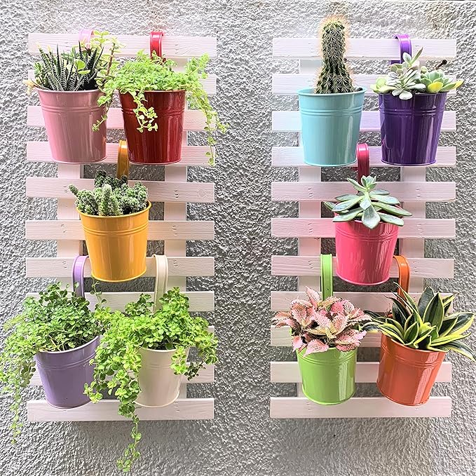 LaLaGreen Hanging Planters Outdoor -10 Pack, 6 Inch Colorful Large Metal Flower Pot, Balcony Planters Railing Hanging Herb Garden Iron Hanging Plant Buckets for Fence Rail Deck Porch Outside Wall