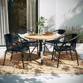 EMMA + OLIVER Set of 4 Modern Rattan Indoor/Outdoor Stack Chairs, Stacking Rattan Patio Chairs with Curved Back and Cross Bracing, Black