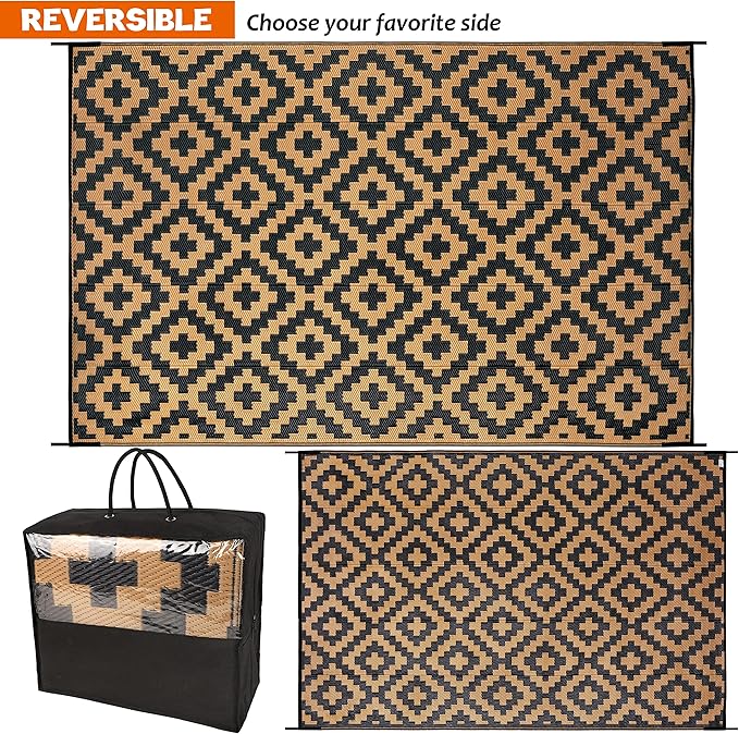 SAND MINE Reversible Mats, Plastic Straw Rug, Modern Area Rug, Large Floor Mat and Rug for Outdoors, RV, Patio, Backyard, Deck, Picnic, Beach, Trailer, Camping, Black & Brown, 6' x 9'