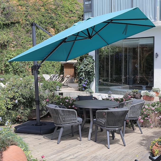 PURPLE LEAF Cantilever Umbrella with Base 9 Feet Patio Outdoor Aluminum Offset Umbrella with 360-degree Rotation for Garden Deck Pool Patio Turquoise Blue