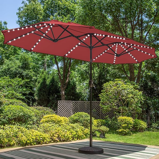 PHI VILLA 13ft Patio Umbrella with Solar-Powered 120 PCS LED Color-Changing Lights, Triple-Head Large Rectangle Umbrella Outdoor Patio for Table with Crank Lift,Dark Red(No Base)