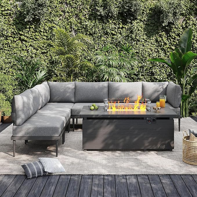 Sundale Outdoor 7 Pieces Patio Furniture Set with Fire Pit Table, L-Shaped Outdoor Sectional Sofa with 6 Inch Olefin Cushion, All-Weather Modern Metal Outdoor Conversation Sets
